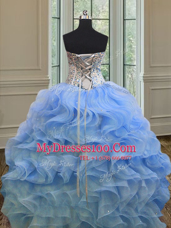 Beading and Ruffles Quince Ball Gowns Blue Lace Up Sleeveless Floor Length