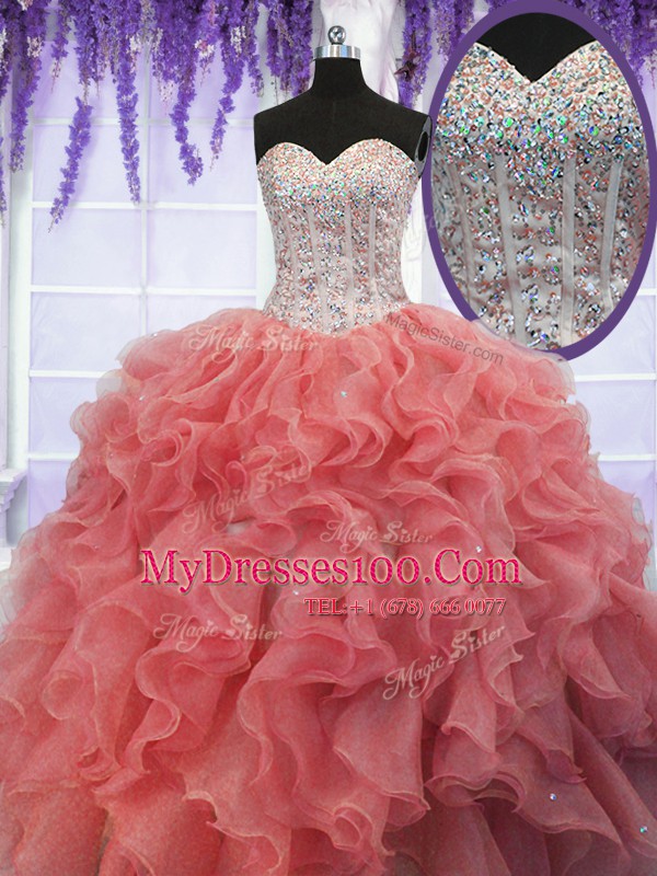 Spectacular Coral Red Lace Up Ball Gown Prom Dress Ruffles and Sequins Sleeveless Floor Length