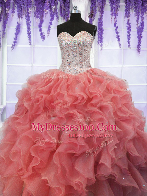 Spectacular Coral Red Lace Up Ball Gown Prom Dress Ruffles and Sequins Sleeveless Floor Length