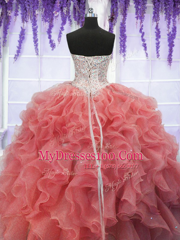 Spectacular Coral Red Lace Up Ball Gown Prom Dress Ruffles and Sequins Sleeveless Floor Length