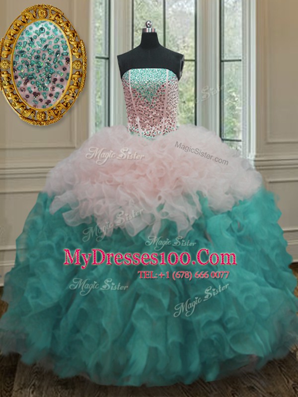 Flirting Strapless Sleeveless Organza Quinceanera Gowns Beading and Ruffles Lace Up