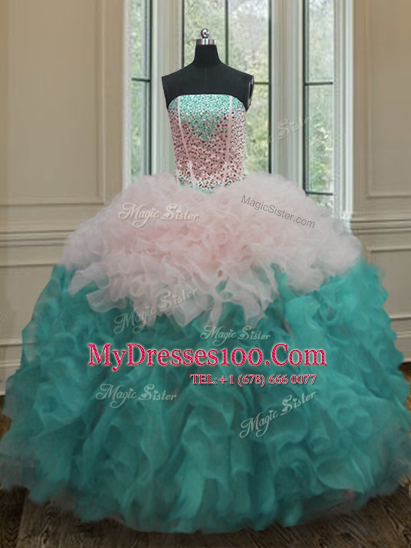 Flirting Strapless Sleeveless Organza Quinceanera Gowns Beading and Ruffles Lace Up