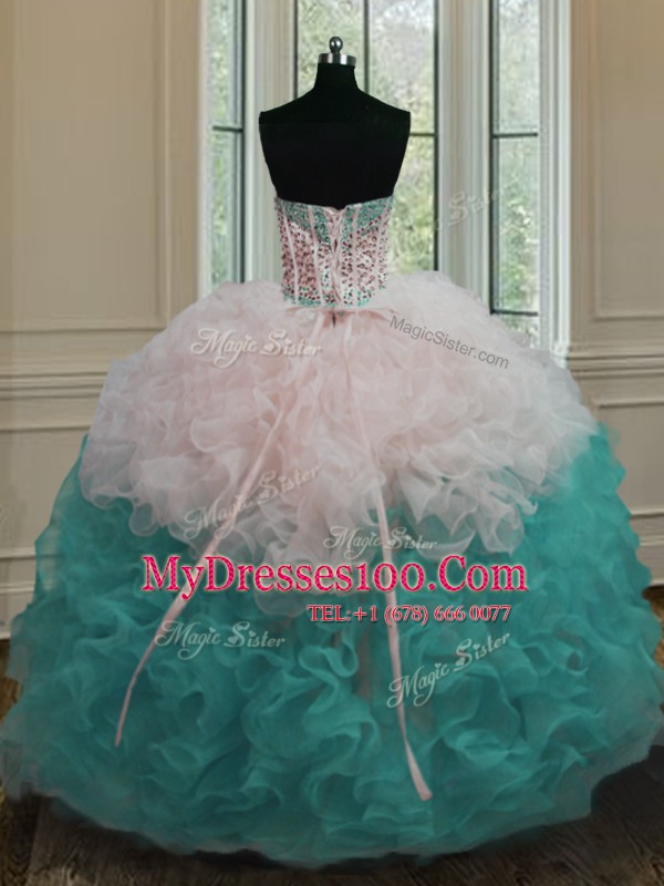 Flirting Strapless Sleeveless Organza Quinceanera Gowns Beading and Ruffles Lace Up