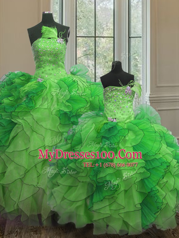 Top Selling Strapless Sleeveless Lace Up Quinceanera Gowns Green Organza
