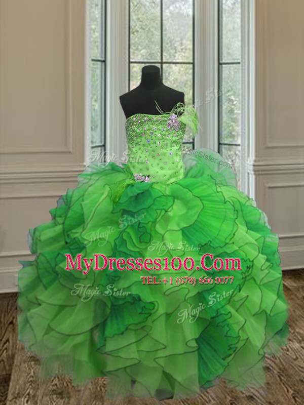Top Selling Strapless Sleeveless Lace Up Quinceanera Gowns Green Organza