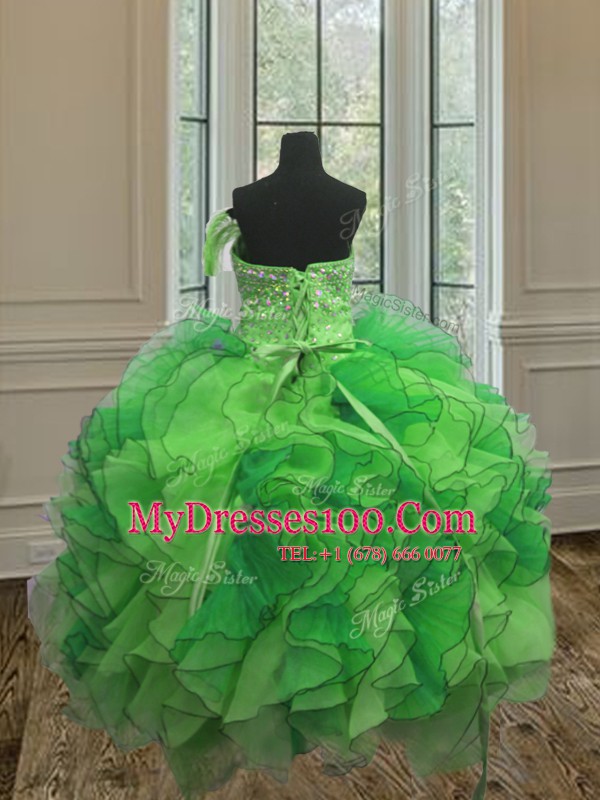 Top Selling Strapless Sleeveless Lace Up Quinceanera Gowns Green Organza