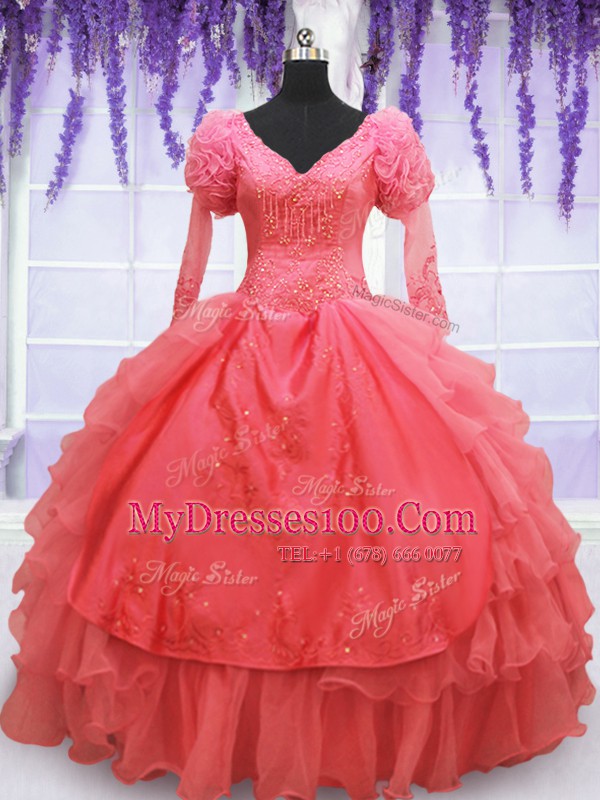 V-neck Long Sleeves Organza Ball Gown Prom Dress Beading and Embroidery Lace Up