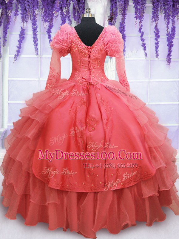 V-neck Long Sleeves Organza Ball Gown Prom Dress Beading and Embroidery Lace Up