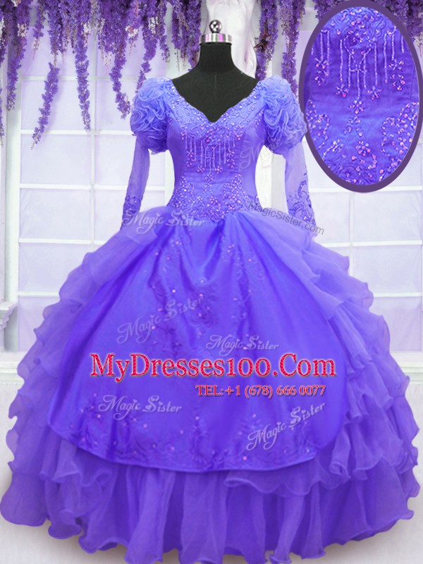 Fantastic Long Sleeves Organza Floor Length Lace Up Sweet 16 Dress in Purple with Beading and Embroidery and Hand Made Flower