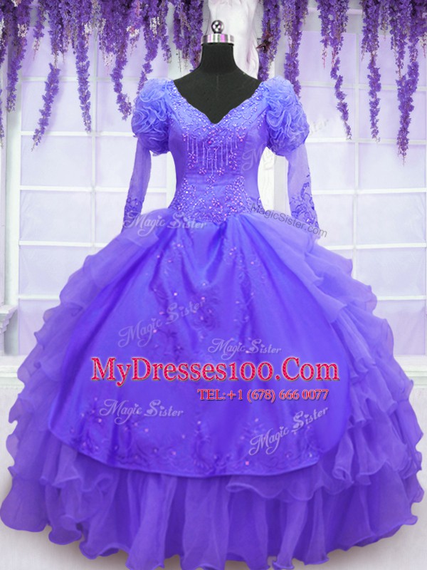 Fantastic Long Sleeves Organza Floor Length Lace Up Sweet 16 Dress in Purple with Beading and Embroidery and Hand Made Flower