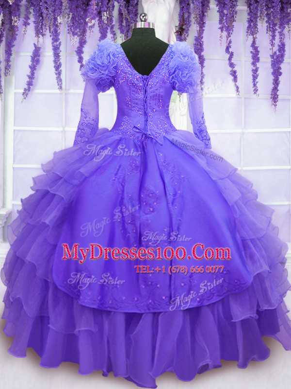 Fantastic Long Sleeves Organza Floor Length Lace Up Sweet 16 Dress in Purple with Beading and Embroidery and Hand Made Flower
