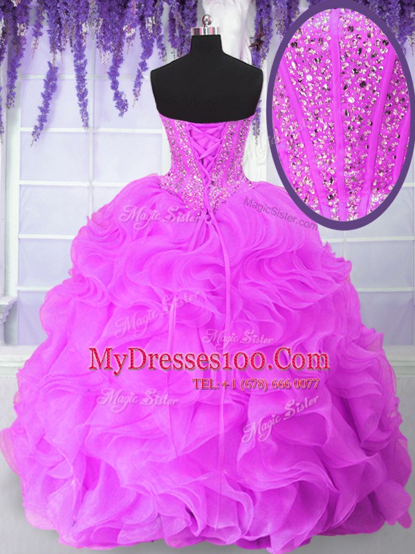 Modest Hot Pink Sweetheart Neckline Ruffles and Sequins Ball Gown Prom Dress Sleeveless Lace Up