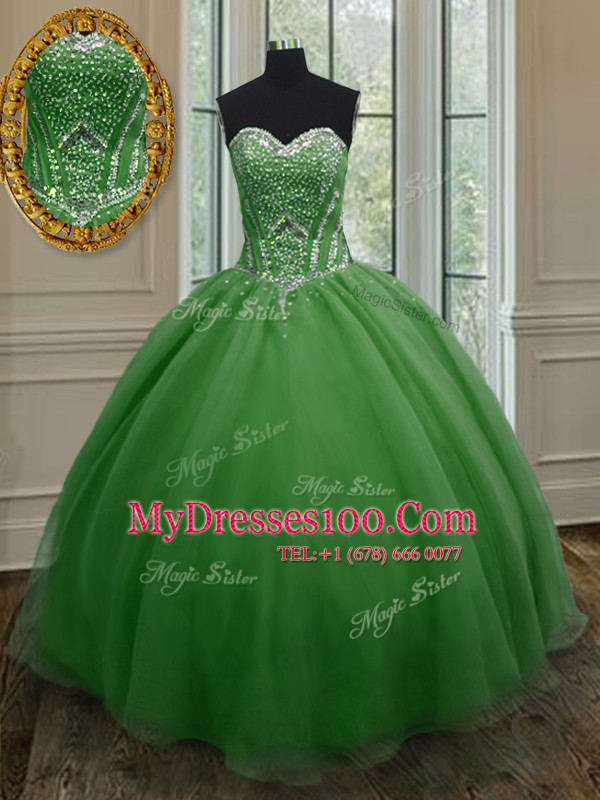 Comfortable Dark Green Ball Gowns Organza Sweetheart Sleeveless Beading and Ruching Floor Length Lace Up Ball Gown Prom Dress