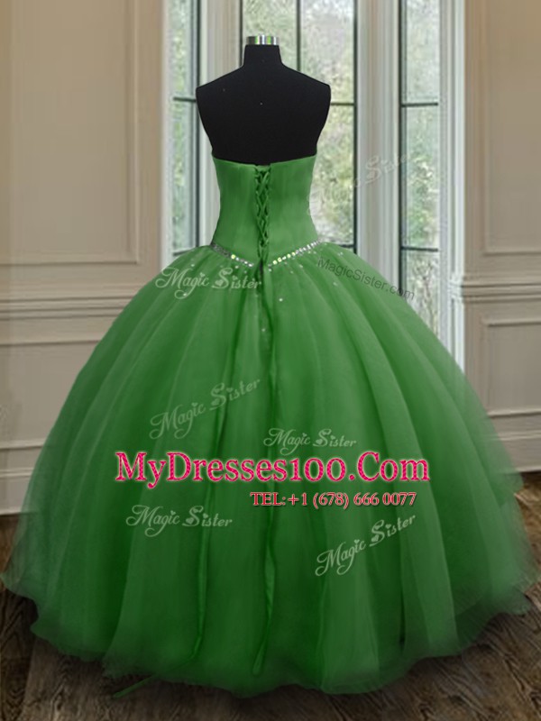 Comfortable Dark Green Ball Gowns Organza Sweetheart Sleeveless Beading and Ruching Floor Length Lace Up Ball Gown Prom Dress