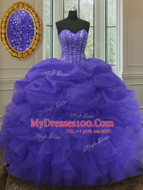 Purple Organza Lace Up Sweetheart Sleeveless Floor Length Ball Gown Prom Dress Beading and Ruffles and Pick Ups