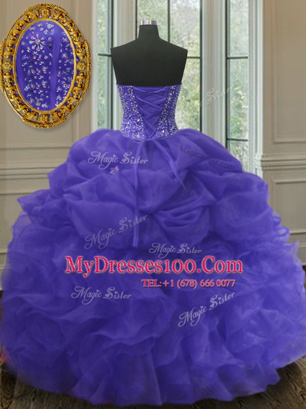Purple Organza Lace Up Sweetheart Sleeveless Floor Length Ball Gown Prom Dress Beading and Ruffles and Pick Ups
