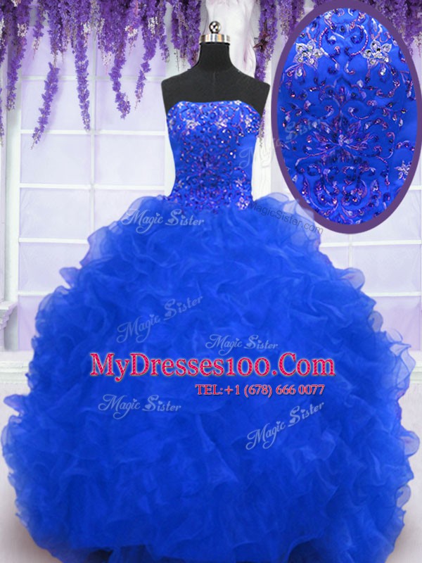 Royal Blue Organza Lace Up Vestidos de Quinceanera Sleeveless With Brush Train Beading and Ruffles