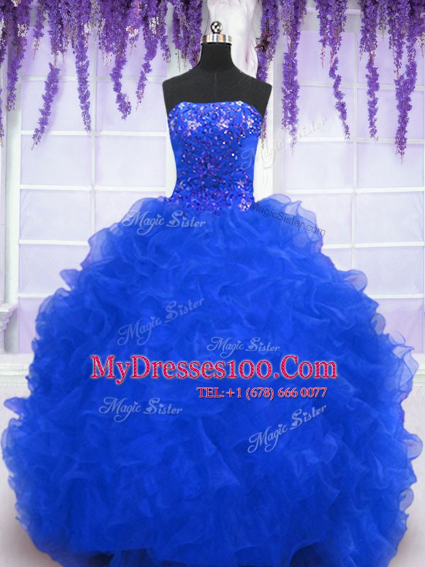 Royal Blue Organza Lace Up Vestidos de Quinceanera Sleeveless With Brush Train Beading and Ruffles