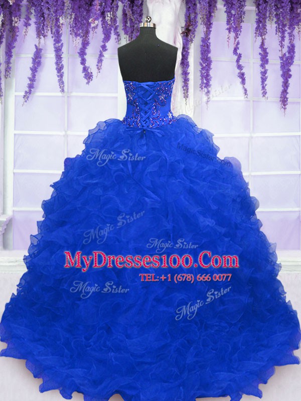 Royal Blue Organza Lace Up Vestidos de Quinceanera Sleeveless With Brush Train Beading and Ruffles