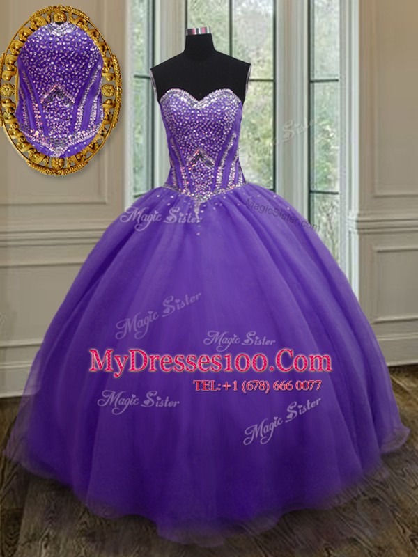 Eggplant Purple Ball Gowns Organza Sweetheart Sleeveless Beading Floor Length Lace Up Ball Gown Prom Dress
