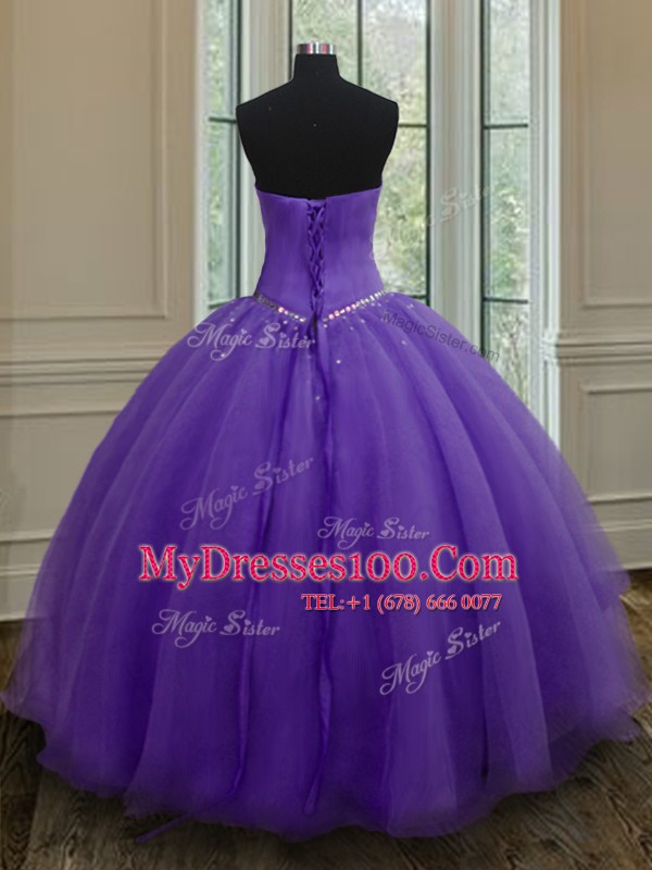 Eggplant Purple Ball Gowns Organza Sweetheart Sleeveless Beading Floor Length Lace Up Ball Gown Prom Dress