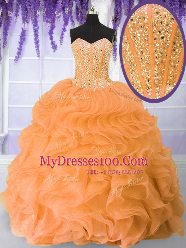 Gorgeous Floor Length Orange Sweet 16 Dresses Sweetheart Sleeveless Lace Up