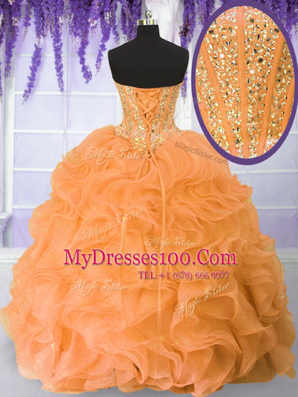 Gorgeous Floor Length Orange Sweet 16 Dresses Sweetheart Sleeveless Lace Up