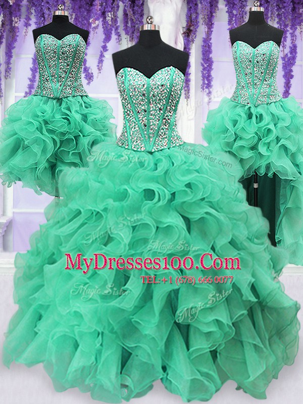 Four Piece Turquoise 15 Quinceanera Dress Military Ball and Sweet 16 and Quinceanera and For with Ruffles and Sequins Sweetheart Sleeveless Lace Up