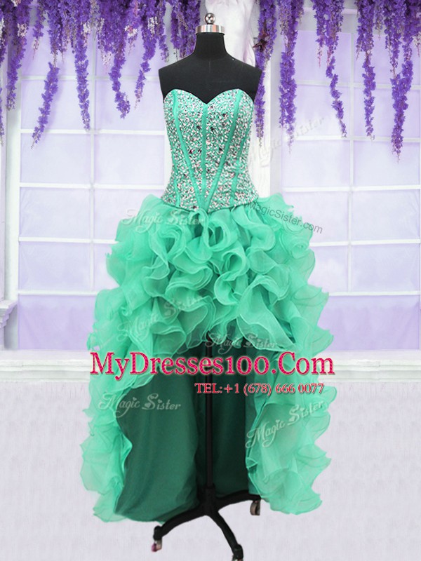 Four Piece Turquoise 15 Quinceanera Dress Military Ball and Sweet 16 and Quinceanera and For with Ruffles and Sequins Sweetheart Sleeveless Lace Up