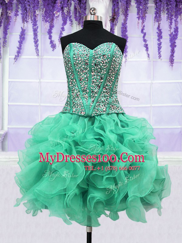 Four Piece Turquoise 15 Quinceanera Dress Military Ball and Sweet 16 and Quinceanera and For with Ruffles and Sequins Sweetheart Sleeveless Lace Up