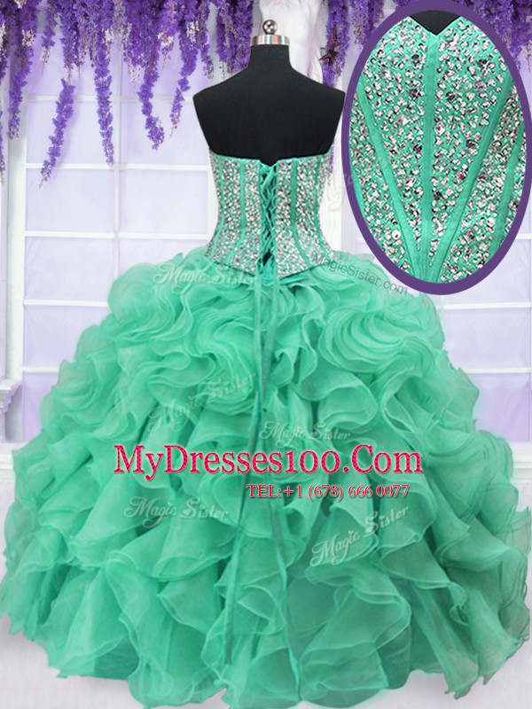 Four Piece Turquoise 15 Quinceanera Dress Military Ball and Sweet 16 and Quinceanera and For with Ruffles and Sequins Sweetheart Sleeveless Lace Up