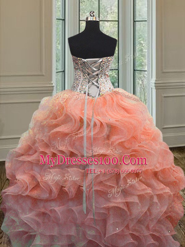 Watermelon Red Sleeveless Floor Length Beading and Ruffles Lace Up 15th Birthday Dress