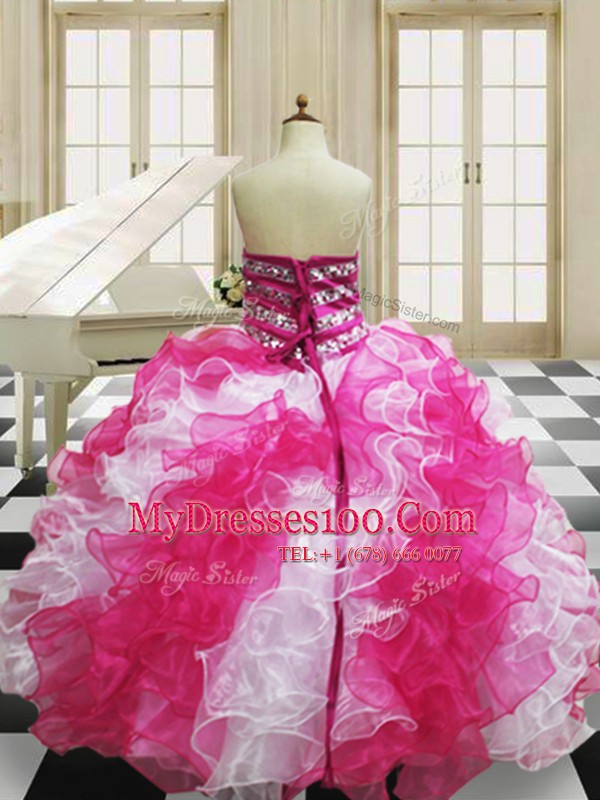 Edgy Floor Length Lace Up Quinceanera Dress Pink And White for Military Ball and Sweet 16 and Quinceanera with Beading and Ruffles