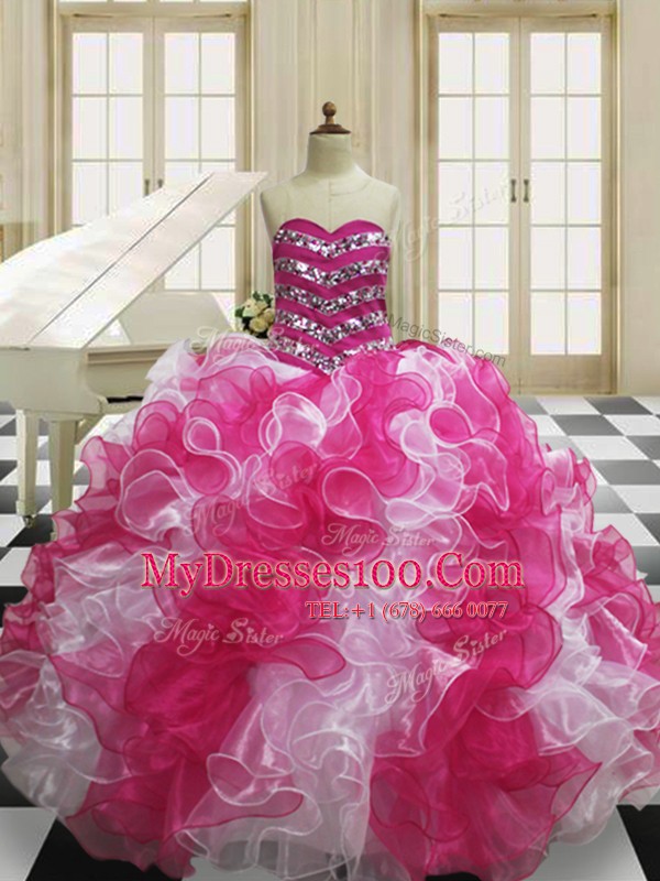 Edgy Floor Length Lace Up Quinceanera Dress Pink And White for Military Ball and Sweet 16 and Quinceanera with Beading and Ruffles