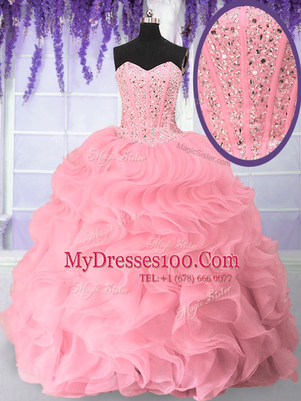 Pink Organza Lace Up 15th Birthday Dress Sleeveless Floor Length Beading and Ruffles