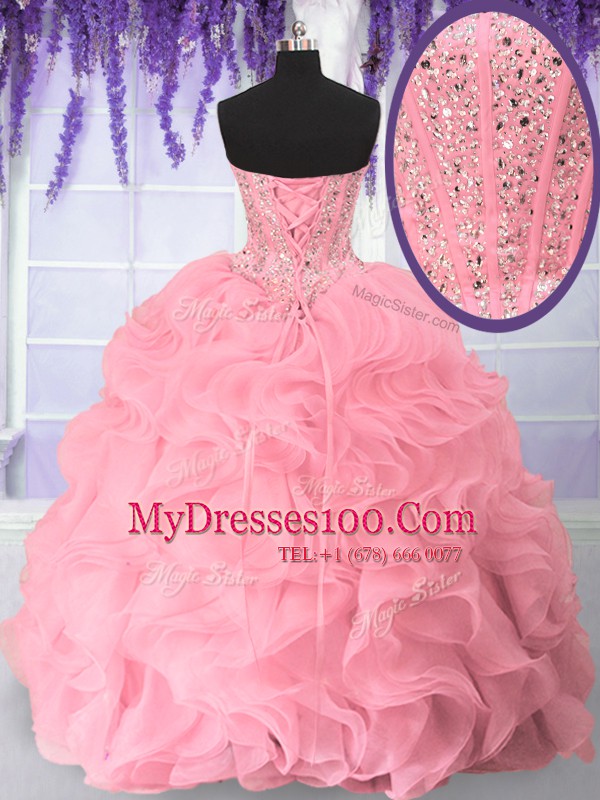 Pink Organza Lace Up 15th Birthday Dress Sleeveless Floor Length Beading and Ruffles