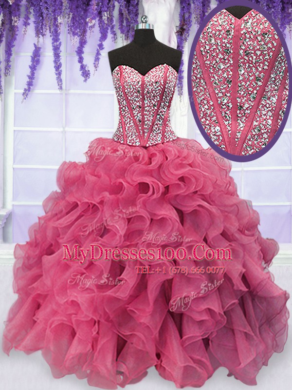 Pink Organza Lace Up Vestidos de Quinceanera Sleeveless Floor Length Beading and Ruffles
