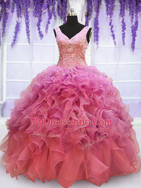 Artistic Beading and Embroidery and Ruffles 15 Quinceanera Dress Pink Lace Up Sleeveless Floor Length