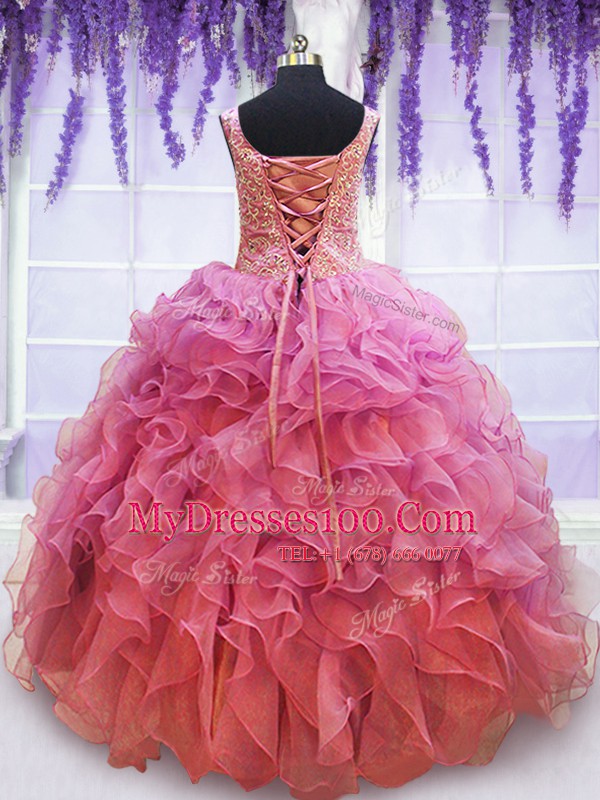 Artistic Beading and Embroidery and Ruffles 15 Quinceanera Dress Pink Lace Up Sleeveless Floor Length