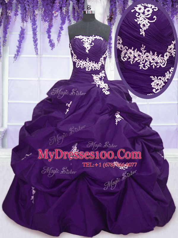 Purple Sleeveless Floor Length Appliques and Pick Ups Lace Up 15 Quinceanera Dress