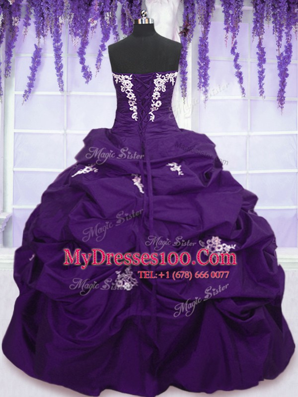 Purple Sleeveless Floor Length Appliques and Pick Ups Lace Up 15 Quinceanera Dress
