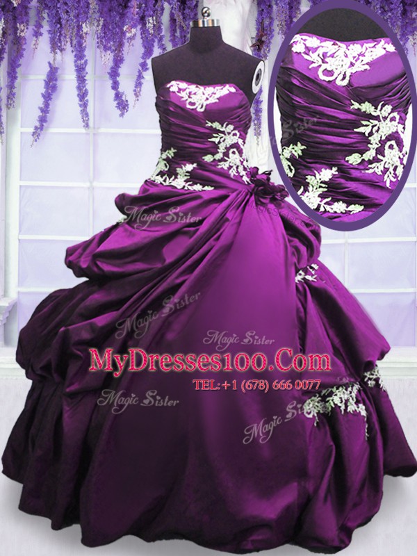 Adorable Purple Ball Gowns Appliques and Pick Ups Quinceanera Dresses Lace Up Taffeta Sleeveless Floor Length