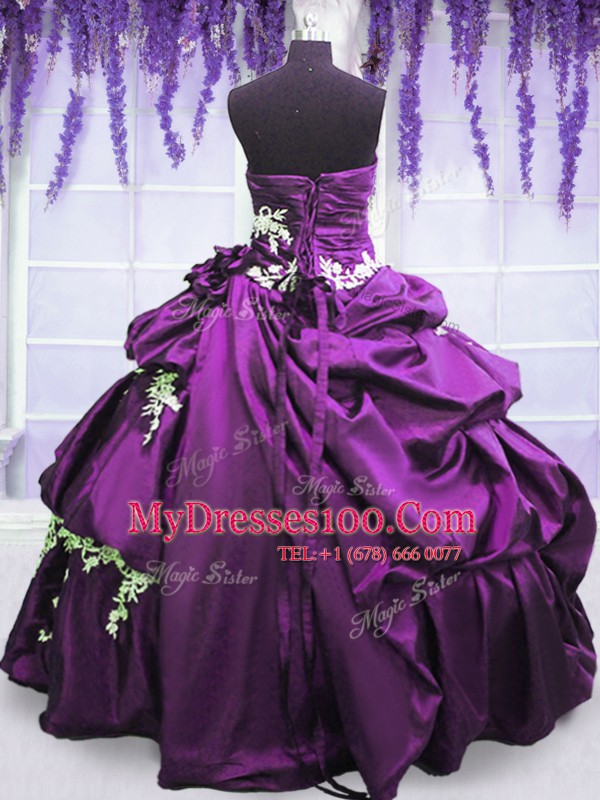 Adorable Purple Ball Gowns Appliques and Pick Ups Quinceanera Dresses Lace Up Taffeta Sleeveless Floor Length