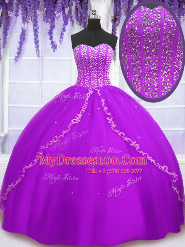 Luxury Tulle Sweetheart Sleeveless Lace Up Beading and Sequins 15th Birthday Dress in Purple