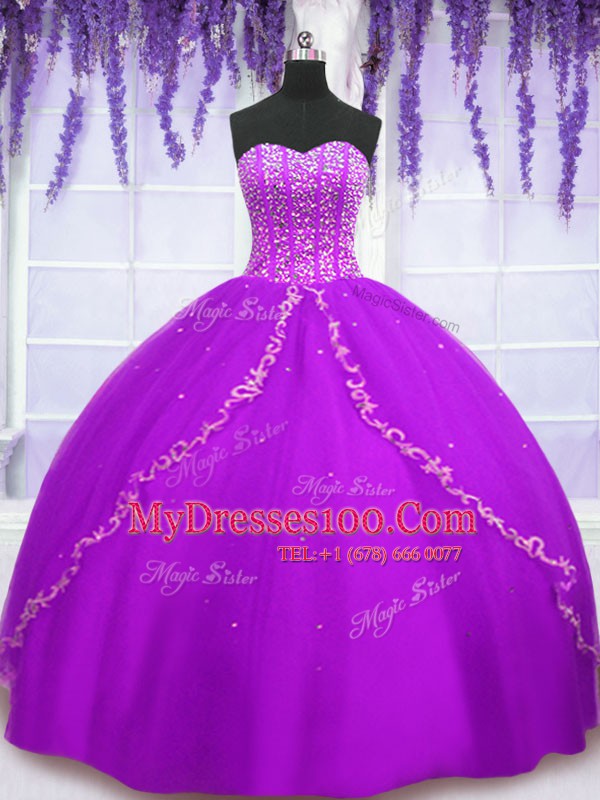 Luxury Tulle Sweetheart Sleeveless Lace Up Beading and Sequins 15th Birthday Dress in Purple