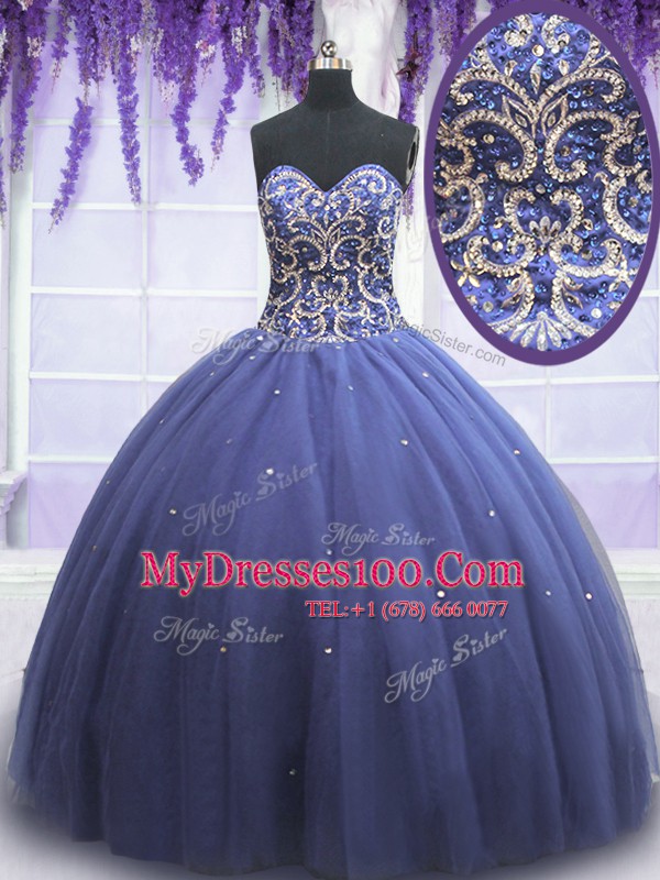 On Sale Floor Length Purple 15 Quinceanera Dress Tulle Sleeveless Beading