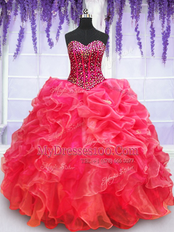 Delicate Ruffled Sweetheart Sleeveless Lace Up Ball Gown Prom Dress Red Organza