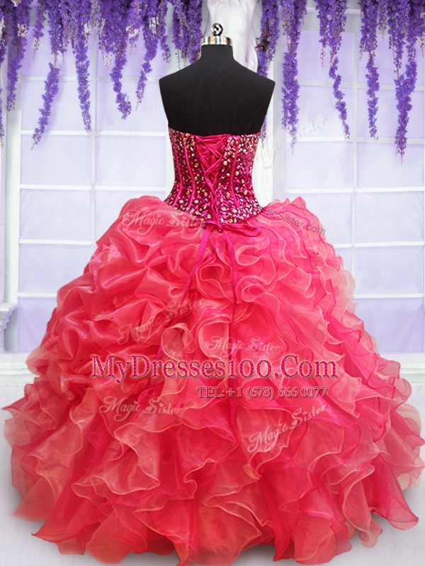 Delicate Ruffled Sweetheart Sleeveless Lace Up Ball Gown Prom Dress Red Organza