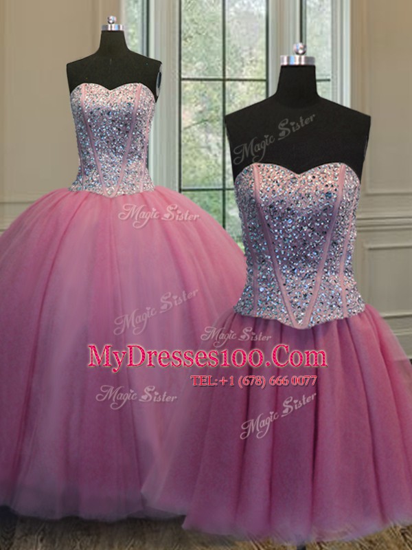 Three Piece Sweetheart Sleeveless Organza Ball Gown Prom Dress Beading Lace Up