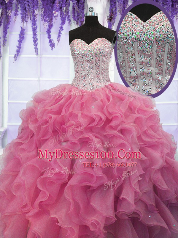 Sweetheart Sleeveless Organza Quinceanera Gown Ruffles and Sequins Lace Up